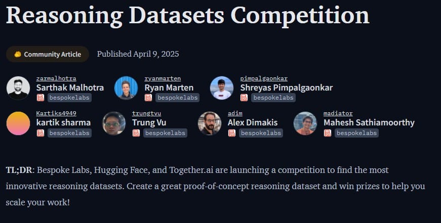 The Reasoning Dataset Competition: Hugging Face, Bespoke Labs, and Together.ai Launch a New Dataset Finding Challenge
